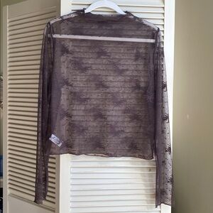 Aerie Brown Sheer Mesh Lace Long Sleeve Top